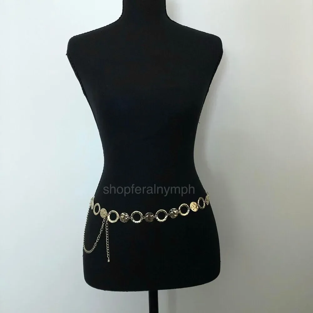 Y2K Boho Gold Hammered Coin Circle Chain Belt, Fits 20-44 Inches, X7GA1152